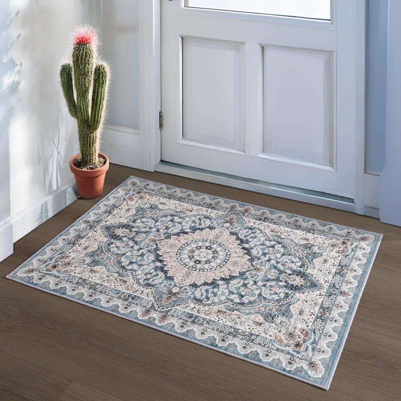 Foxmas Small Rugs for Entryway 2x3 Feet, Non-Slip Doormat Indoor Entrance Vintage Washable Area Rug, Low Pile Throw Rugs for Entryway Bedroom Kitchen Living Room, Blue - Image 1