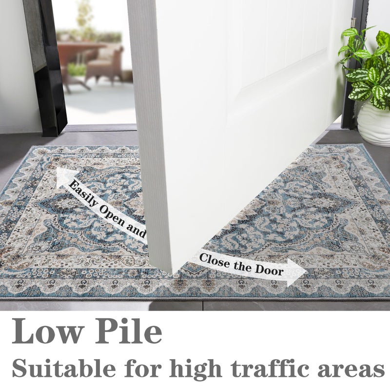 Foxmas Small Rugs for Entryway 2x3 Feet, Non-Slip Doormat Indoor Entrance Vintage Washable Area Rug, Low Pile Throw Rugs for Entryway Bedroom Kitchen Living Room, Blue - Image 3