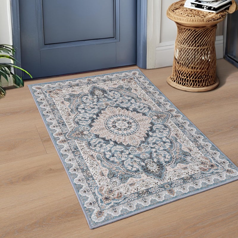 Foxmas Small Rugs for Entryway 2x3 Feet, Non-Slip Doormat Indoor Entrance Vintage Washable Area Rug, Low Pile Throw Rugs for Entryway Bedroom Kitchen Living Room, Blue - Image 2