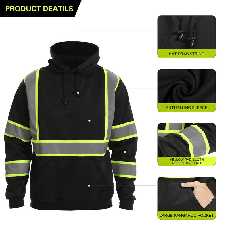 DPSAFETY High visibility Hoodie for Men,Class3 Hi Vis Hoodie Pulloverï¼ŒReflective Hooded Hood,Construction work Safety Sweatshirt with Large front Pocket for Men/Women BLACK,Medium - Image 3
