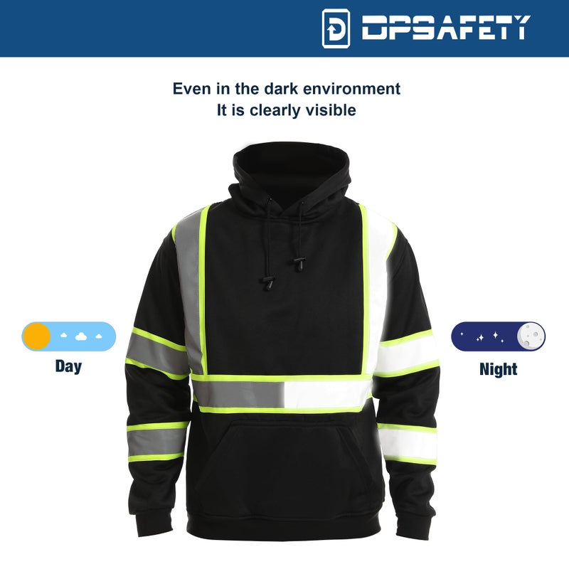 DPSAFETY High visibility Hoodie for Men,Class3 Hi Vis Hoodie Pulloverï¼ŒReflective Hooded Hood,Construction work Safety Sweatshirt with Large front Pocket for Men/Women BLACK,Medium - Image 4