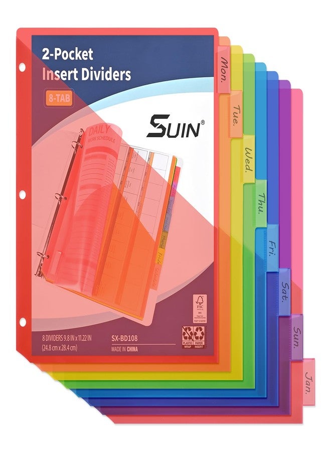 SUIN 8-Tab Binder Dividers with Double Pockets - Translucent Plastic Page Separators for 3 Ring Binder, Front & Back Storage, Durable Poly, Letter Size, Rainbow Colors (1-Pack) - Image 1