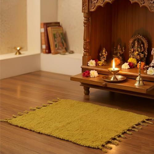 Gellon Traditional Cotton Prayer Mat for Puja, Yellow Asan for Prayer, Sitting, Meditation, Small Carpet Mat Rug for Floor in 24 x24 Inch in Yellow Color - Image 1