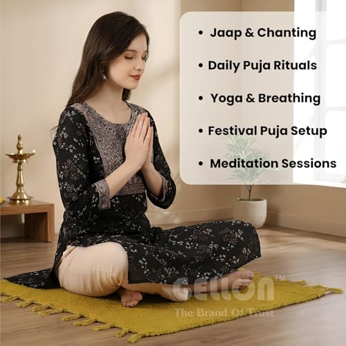 Gellon Traditional Cotton Prayer Mat for Puja, Yellow Asan for Prayer, Sitting, Meditation, Small Carpet Mat Rug for Floor in 24 x24 Inch in Yellow Color - Image 3