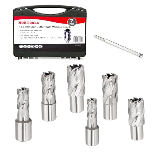 NORTOOLS 1-Inch HSS Annular Cutters with Weldon Shank 6 pcs Annular Cutter Set with Pilot Pin Work for Magnetic Drills Machine - Image 1