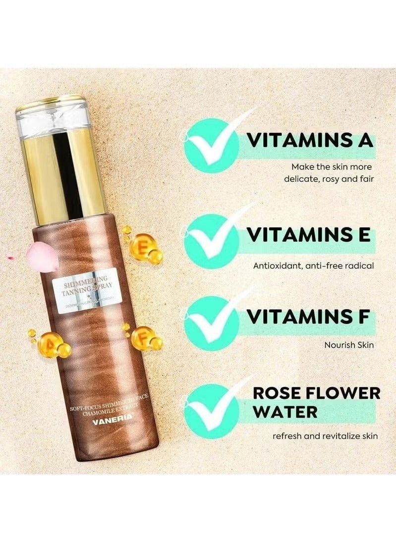 VANERIA Shimmering Spray Tanning with Mitt, Long-Lasting, Instant Tan Spray with Mica, Streak-Free, Self Tanner Spray Quick Tan, Hydrating 80ml /2.7 Fl.Oz - Image 2