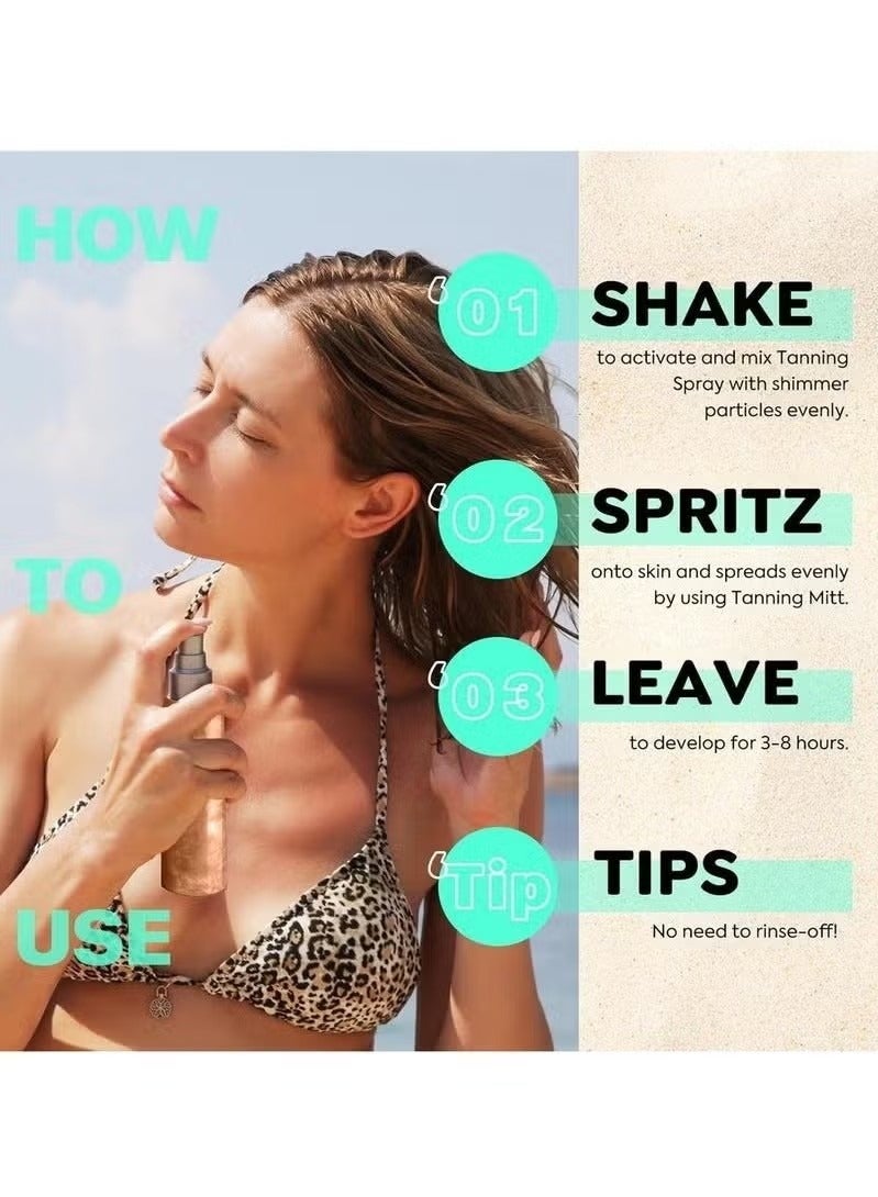 VANERIA Shimmering Spray Tanning with Mitt, Long-Lasting, Instant Tan Spray with Mica, Streak-Free, Self Tanner Spray Quick Tan, Hydrating 80ml /2.7 Fl.Oz - Image 4