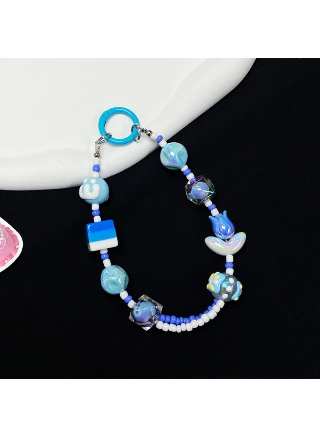 NIBEMINENT Beaded Phone Lanyard, Anti Lost Removable Wrist Strap, Dopamine Girl Colorful Blossoms Bracelet Pendant, Phone Keychain Lanyard,Light Blue - Image 1