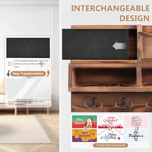 HOMEBROS Key Holder Wall Mount, Wooden Mail and Key Organizer with Chalkboard and Mirror, 3 Greeting Cards, 8 Hooks, Brown, Type 1 - Image 3