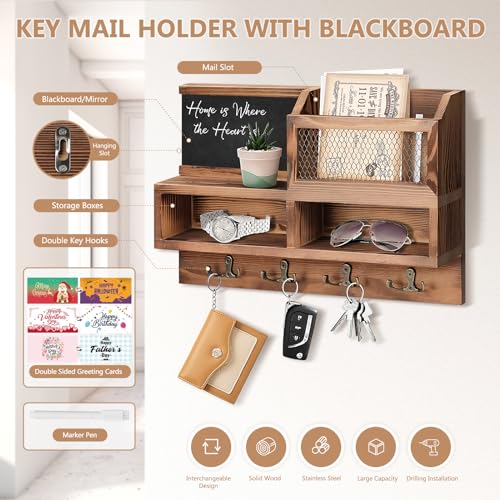 HOMEBROS Key Holder Wall Mount, Wooden Mail and Key Organizer with Chalkboard and Mirror, 3 Greeting Cards, 8 Hooks, Brown, Type 1 - Image 4