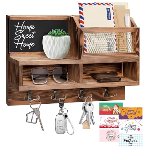 HOMEBROS Key Holder Wall Mount, Wooden Mail and Key Organizer with Chalkboard and Mirror, 3 Greeting Cards, 8 Hooks, Brown, Type 1 - Image 1