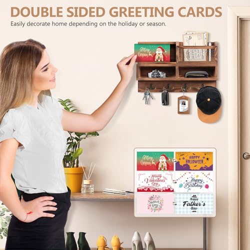 HOMEBROS Key Holder Wall Mount, Wooden Mail and Key Organizer with Chalkboard and Mirror, 3 Greeting Cards, 8 Hooks, Brown, Type 1 - Image 2