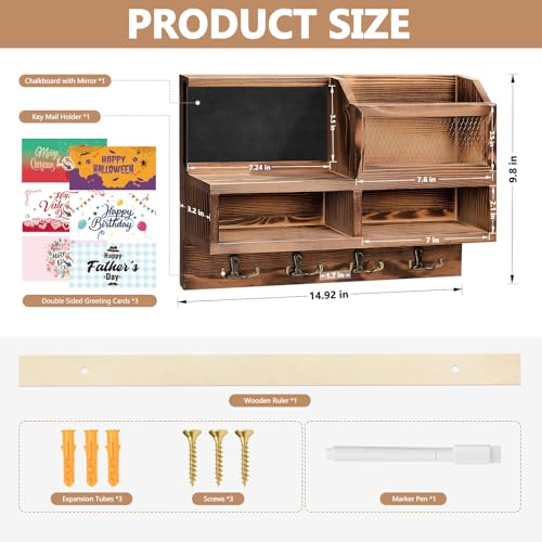 HOMEBROS Key Holder Wall Mount, Wooden Mail and Key Organizer with Chalkboard and Mirror, 3 Greeting Cards, 8 Hooks, Brown, Type 1 - Image 5