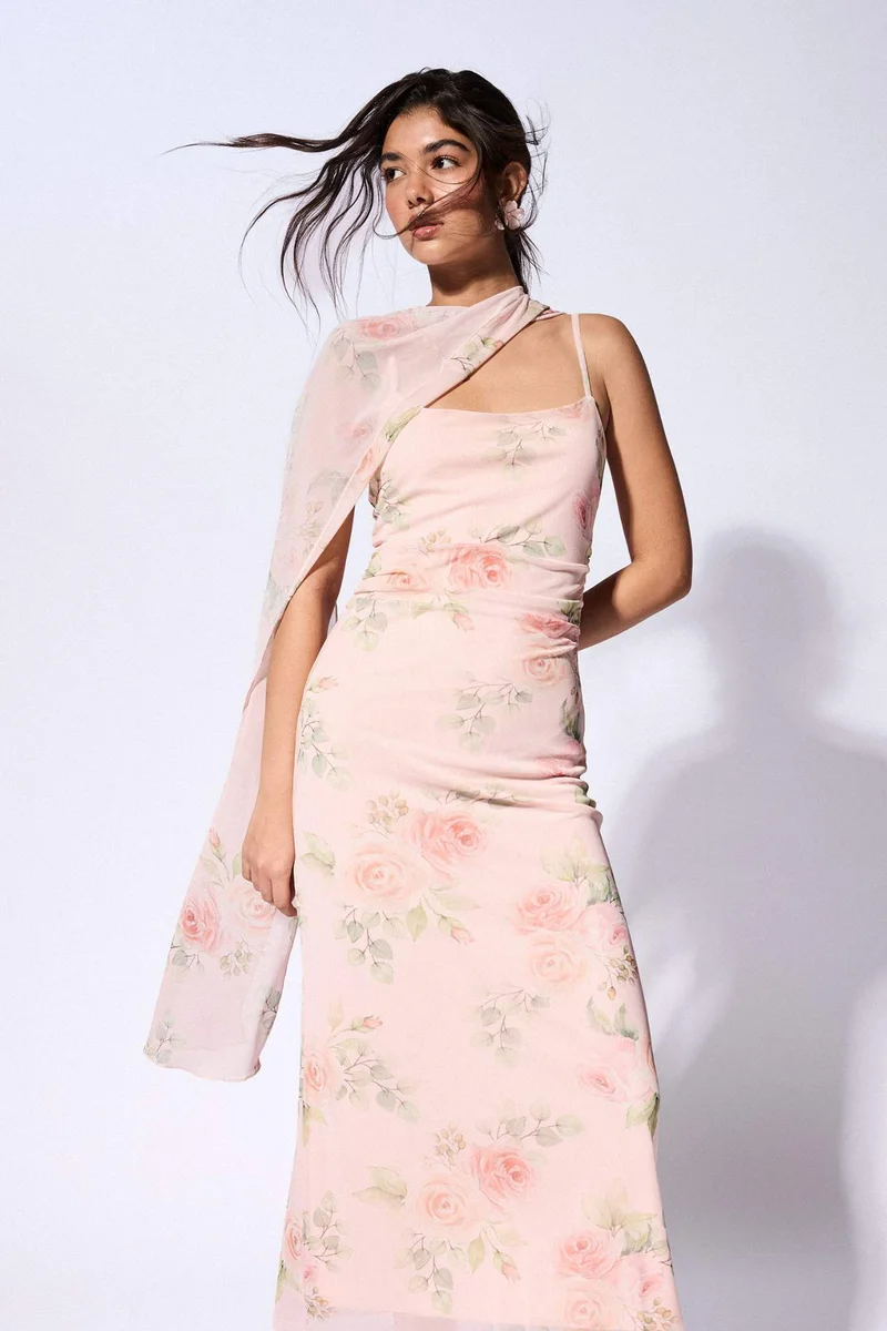 Defacto Bodycon Strappy Printed Tulle Dress