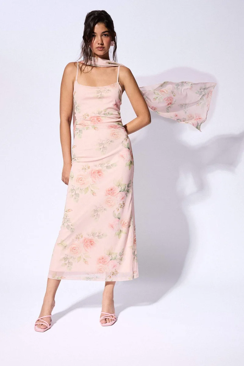 Defacto Bodycon Strappy Printed Tulle Dress