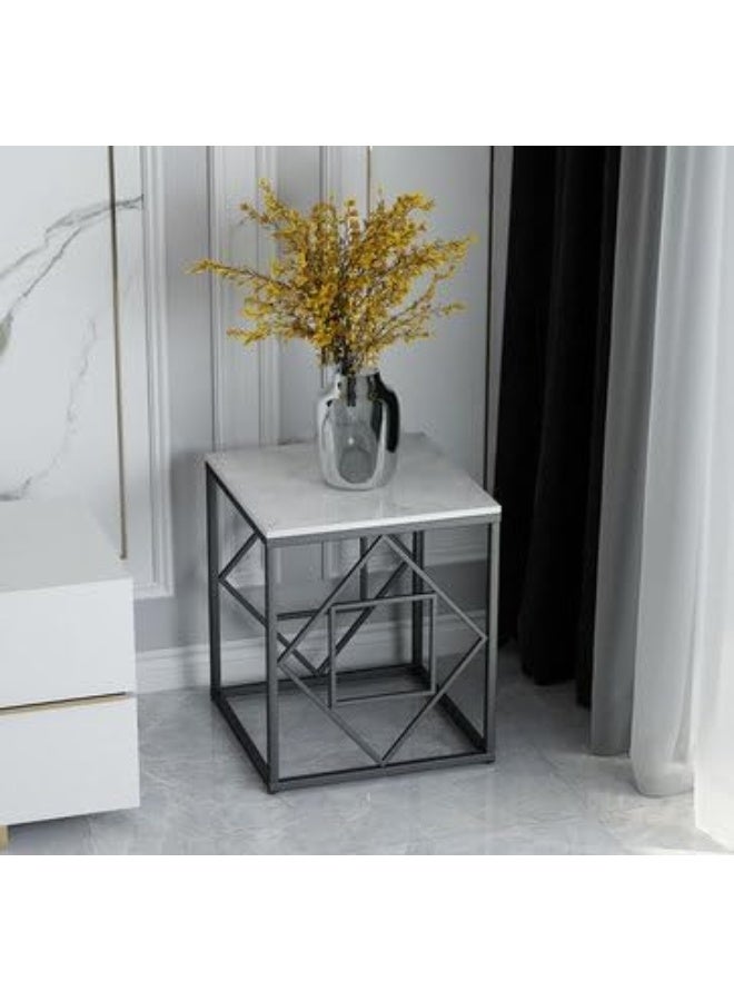 YINZUO Natural White Marble Sofa Side Table, Modern Bedside Coffee Table with Welded Black and Gold Metal Frame, No Assembly Required (Matt Black, Design 8) - Image 4