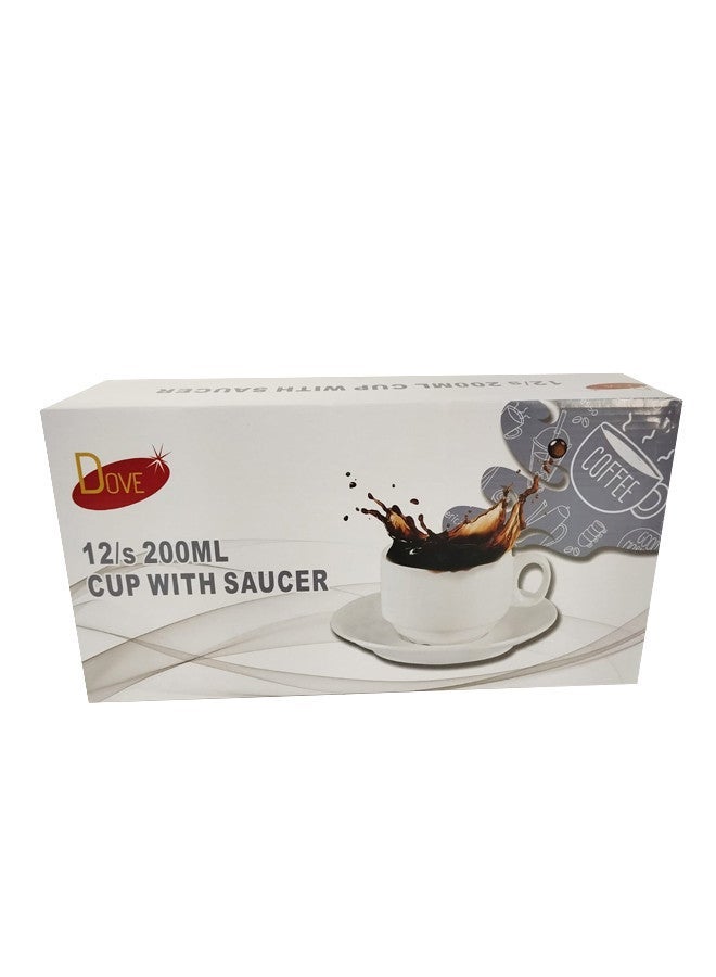 Dove 12-Piece Porcelain Cup & Saucer Set 200ML White, Set for 6 People - Image 4