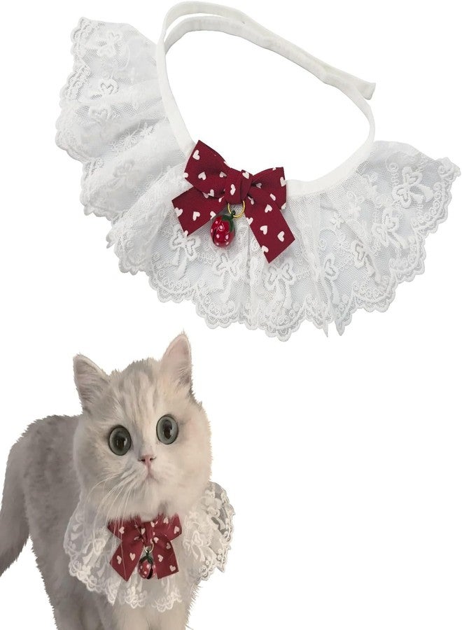 TARINI Elegant Lace Cat Collar with Cute Bow,Kitty Necklace with Bow Tie and Strawberry Small Bell,Pet Lace Bib Collar with Cute Bow,Cat Princess Costumes,Red,1 Piece - Image 1