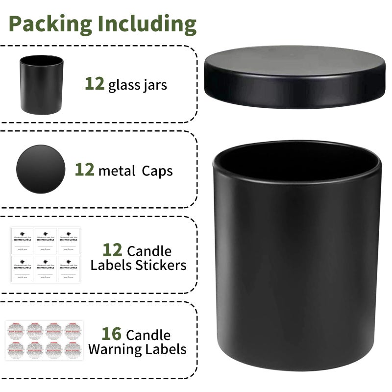SUPMIND 12 Pack 10oz Glass Candle Jars with Lids and Sticky Labels, Empty Candle Jars for Making Candles Bulk Containers(Matte Black) - Image 3