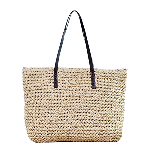 Ayliss Women Straw Woven Tote Large Beach Handmade Weaving Shoulder Bag Purse Straw Handbag (Square Beige #1) - Image 1