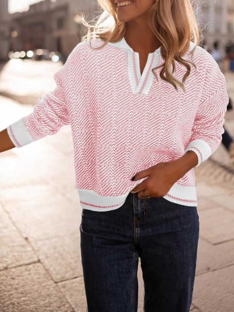 Saodimallsu Womens Fall Sweaters Tops Lapel V Neck Knit Sweater Color Block Long Sleeve Casual Soft Pullover Shirt Pink - Image 3