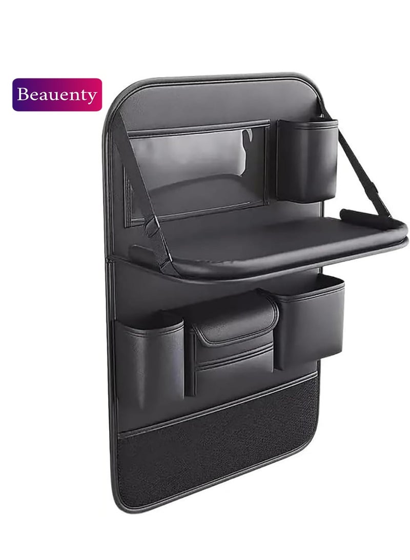 Beauenty Car Seat Back Organizer with Foldable Table, Black Leather, Multi-Pocket Storage，Car seat storage ，Cup Holder - Image 1