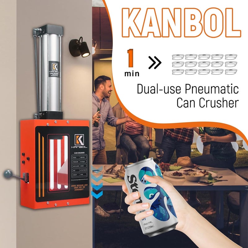 KANBOL كسارة علب الهواء الصديقة للبيئة مع تفريغ تلقائي - مكبس مثبت على الحائط لعلب الصودا والبيرة سعة 12 أونصة و16 أونصة - أداة إعادة التدوير للمطبخ أو البار أو ورشة العمل - Image 2