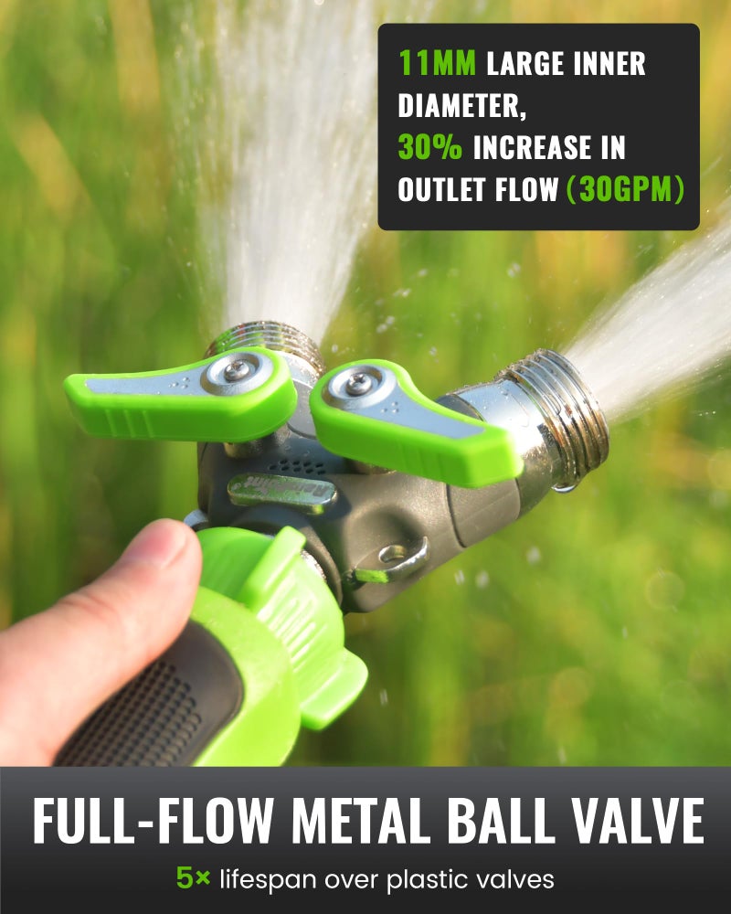 RAINPOINT Garden Hose Splitter, 2 Way Heavy Duty Water Hose Y Spigot Splitter with Shutoff Valves, 100% Metal Body Outdoor Faucet Splitter, 1.9" Extra Long Metal Handle, 3/4" GHT Thread (1, Green) - Image 4