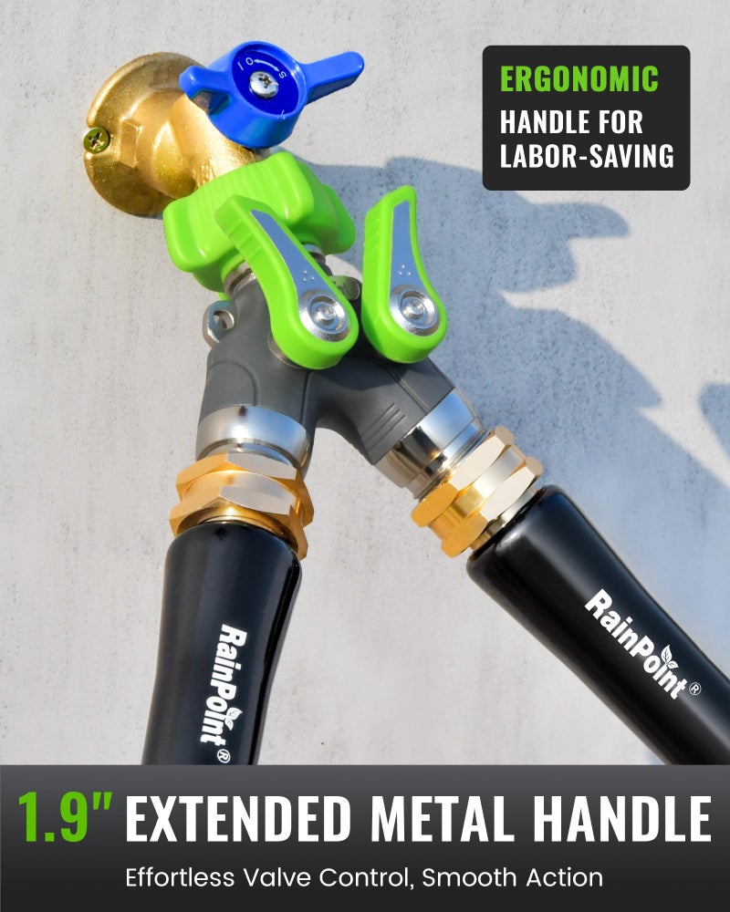 RAINPOINT Garden Hose Splitter, 2 Way Heavy Duty Water Hose Y Spigot Splitter with Shutoff Valves, 100% Metal Body Outdoor Faucet Splitter, 1.9" Extra Long Metal Handle, 3/4" GHT Thread (1, Green) - Image 3