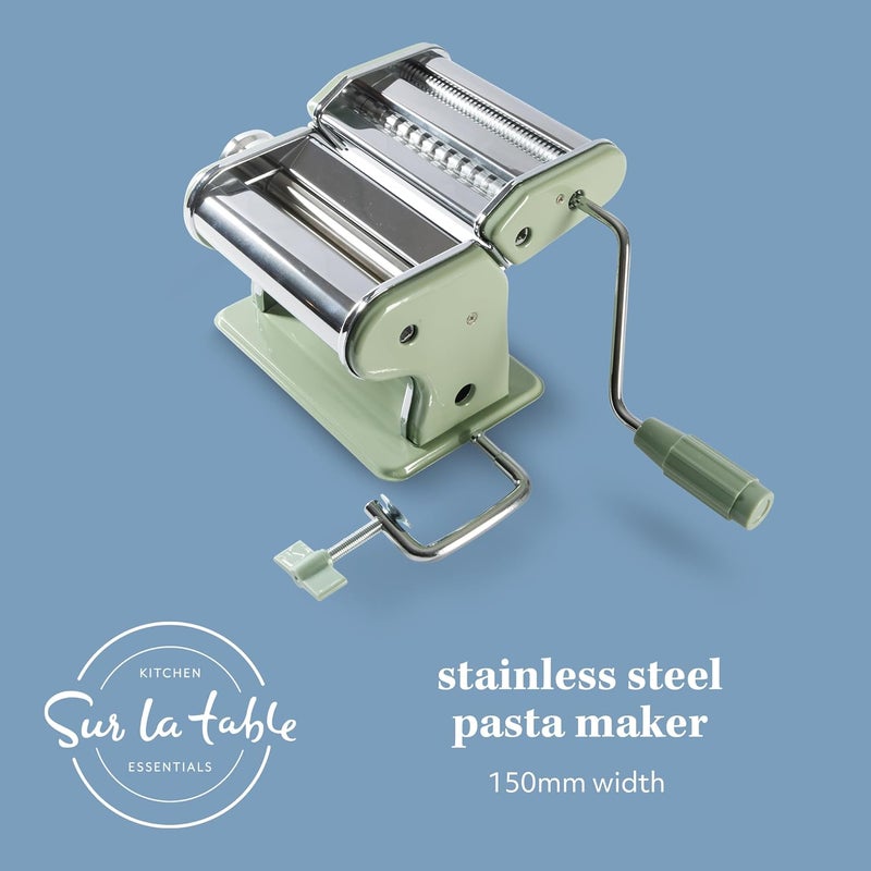 Sur La Table Kitchen Essential Va Bene Manual Pasta Maker Machine Noodle Maker w/Rollers & Cutters - Spaghetti, Fettuccini, Lasagna or Dumpling Skin - Stainless Steel/Juniper Green - Image 2
