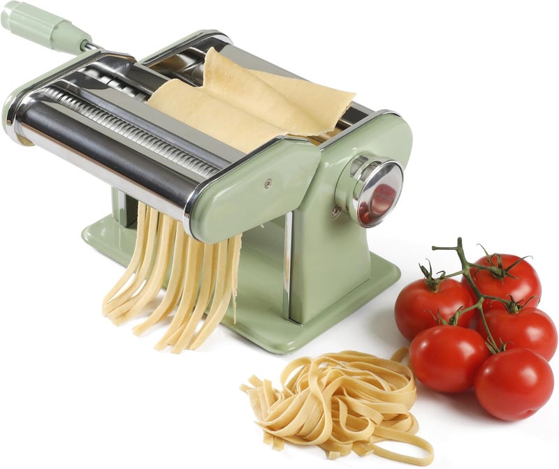 Sur La Table Kitchen Essential Va Bene Manual Pasta Maker Machine Noodle Maker w/Rollers & Cutters - Spaghetti, Fettuccini, Lasagna or Dumpling Skin - Stainless Steel/Juniper Green - Image 1