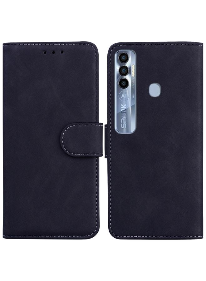 HuHa Case Cover For For Tecno Spark 7 Pro Skin Feel Pure Color Flip Leather Phone Case(Black) 