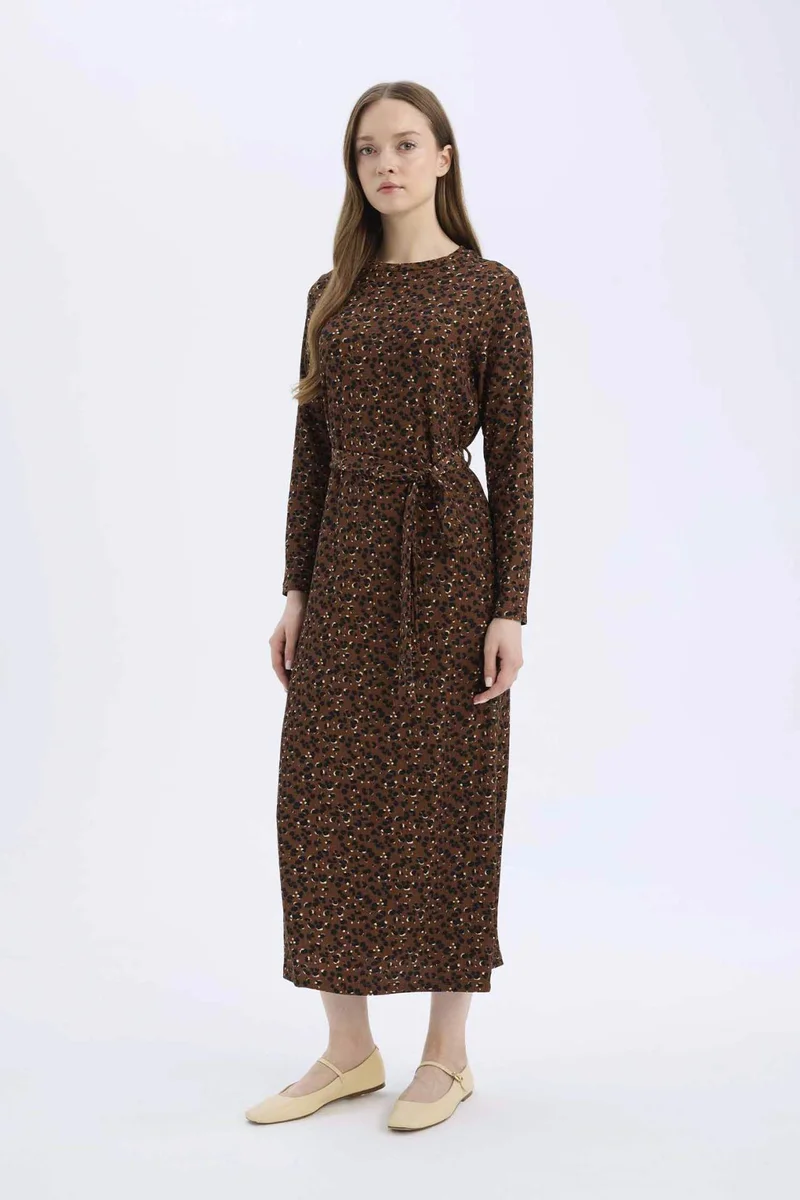 DeFacto Regular Fit Crew Neck Patterned Crepe Maxi Dress