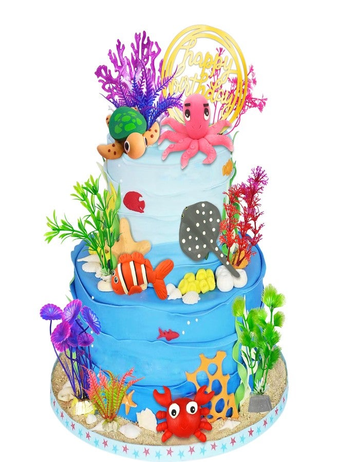 DRWATE 16 PCS Sea Ocean Cake Toppers Under the Sea Ocean Animals Birthday Cake Decorations for Sea Ocean Theme Baby Shower Birthday Party Supplies (Ocean) - Image 1