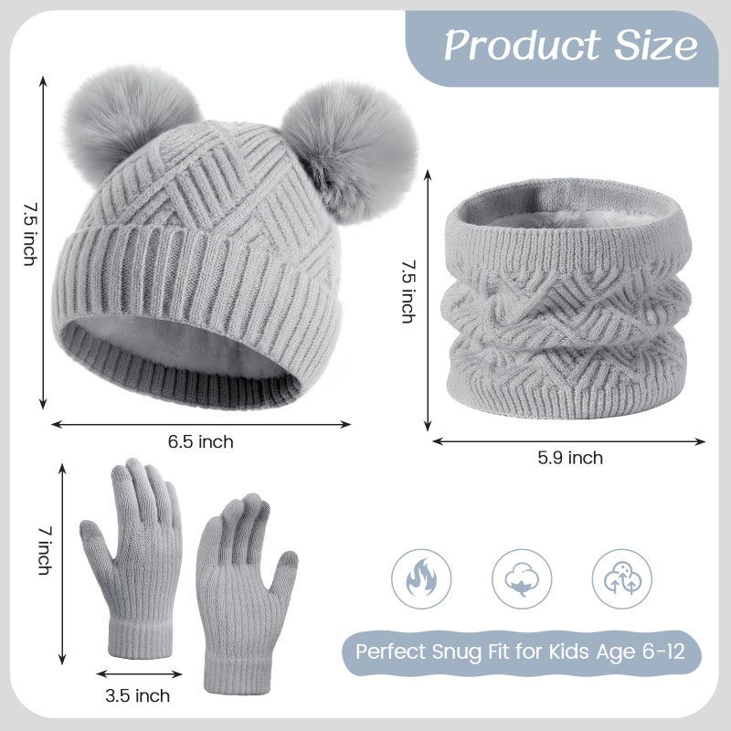 Clothclose Kids Winter Hat Gloves Scarf Set - Girls Toddler Hats Beanie with Pom, Children Thick Knit Neck Warmer Scarf, Kids Touchscreen Warm Toddler Gloves, Thermal Fleece Lined Sets for Girls - Image 3