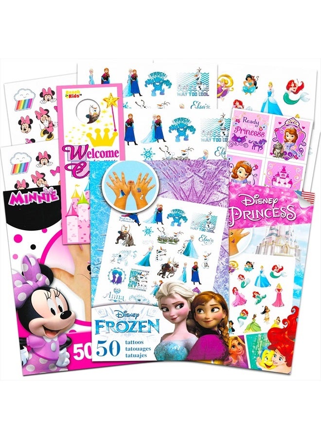 Disney مجموعة تفضيلات الحفلات للوشم للفتيات - 150 وشم مؤقت featuring ميني ماوس، أميرات ديزني وفروزن مع ملصقات وعلّاقة باب (6 أوراق وشم) - Image 1