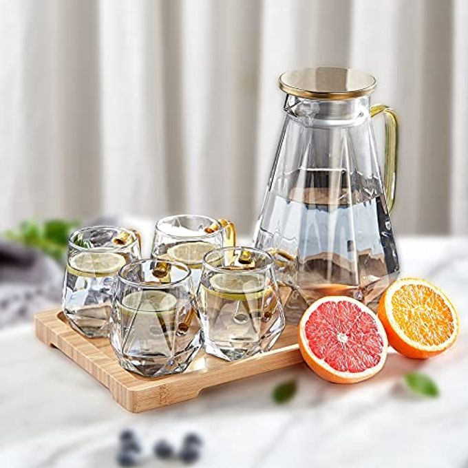 DUJUST Black Diamond Glass Pitcher Set (68 oz) with 4 Cups & 1 Tray, Modern Water Pitcher with Handle, Durable Jug for Fridge, Glass Carafe for Iced Tea/Juice/Beverage/Coffee/Drinks