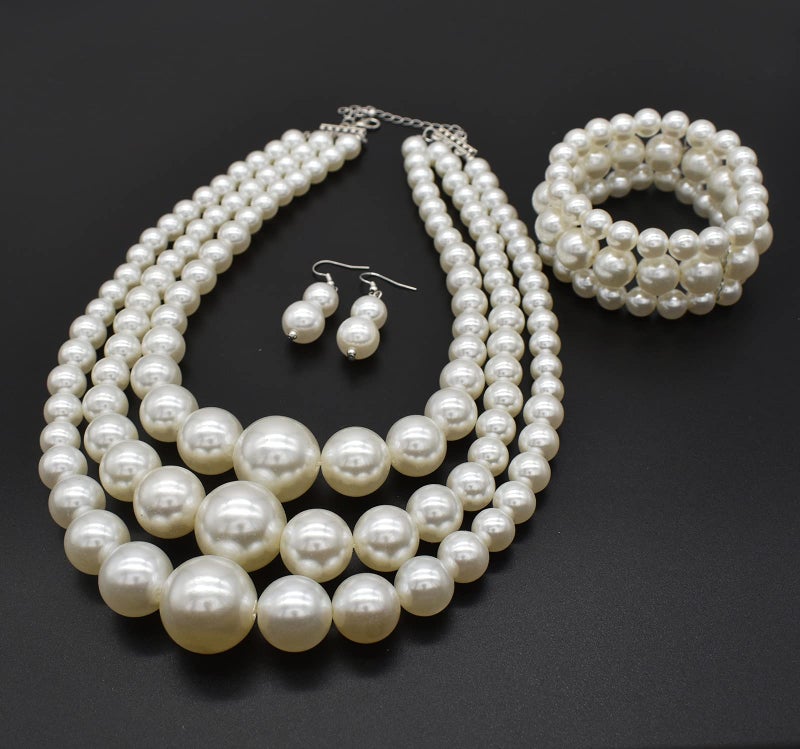 CIOOU A-White Chunky Faux Pearl Necklace and Earring Set - Large Costume Jewelry for Women - 1920s Gatsby Accessories - Image 4