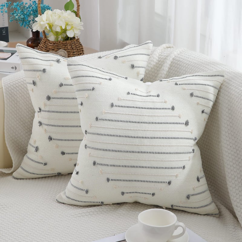 Mecatny Boho Throw Pillow Covers Beige and Grey Pillow Covers 18X18 Set of 2 Farmhouse Decorative Pillow Covers for Couch Sofa Living Room