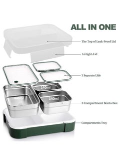 TOMSHOO Stainless Steel Lunch Box for Kid School,Insulated Bento Lunch Box with Tableware & Bag,720ML 3 Compartment Divided Lunch Containers with Lids,Leakproof | BFA Free | Dishwasher Safe (Green)  - Image 2