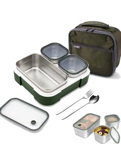 TOMSHOO Stainless Steel Lunch Box for Kid School,Insulated Bento Lunch Box with Tableware & Bag,720ML 3 Compartment Divided Lunch Containers with Lids,Leakproof | BFA Free | Dishwasher Safe (Green)  - Image 1