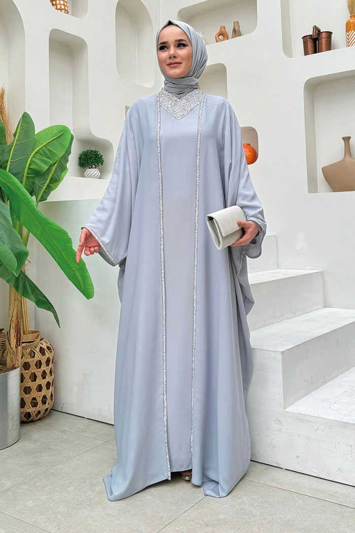 Bym Fashion Stone Embroidery Detail Dress Cape Suit 8496 Gray  - Image 1