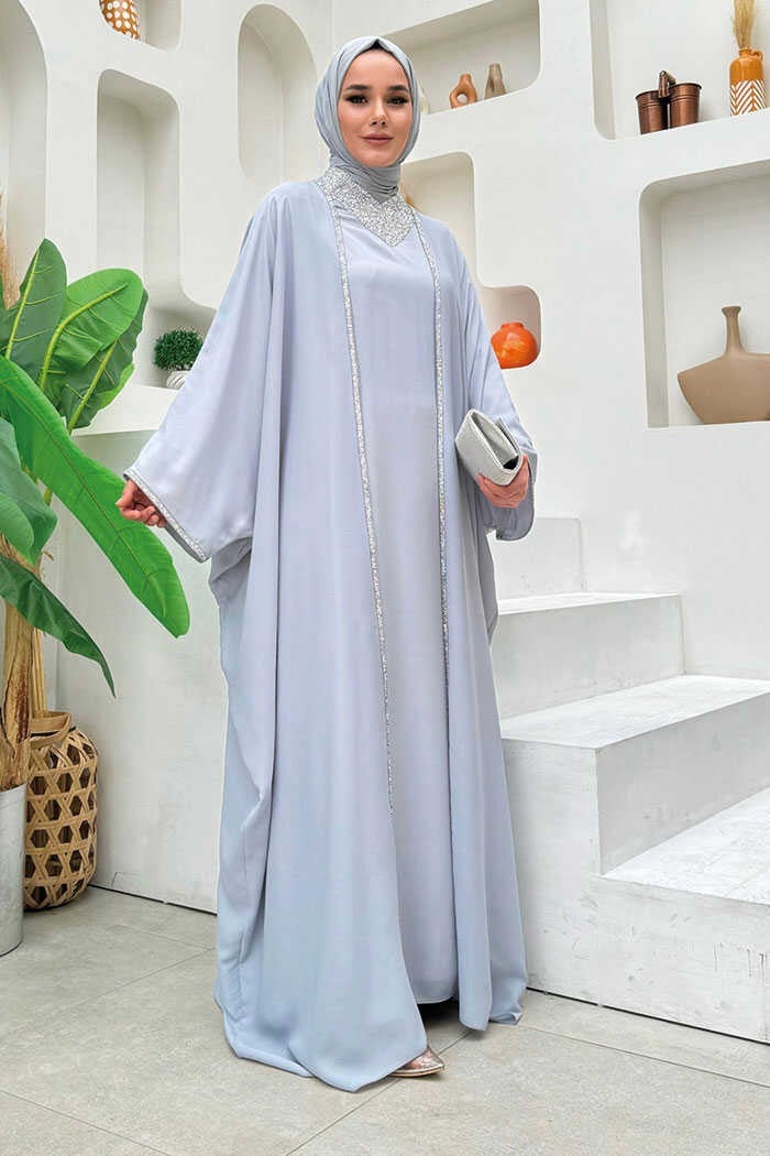 Bym Fashion Stone Embroidery Detail Dress Cape Suit 8496 Gray  - Image 2