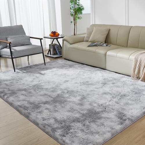Fairblink Ultra Soft Rug for Living Room 4X6 Fluffy Shag Area Rug for Bedroom Modern Shaggy Carpets Fuzzy Rug for Teens Dorm Nursery Home Decor Aesthetic Upgrade AntiSkid Durable TieDyed Light Grey - Image 1