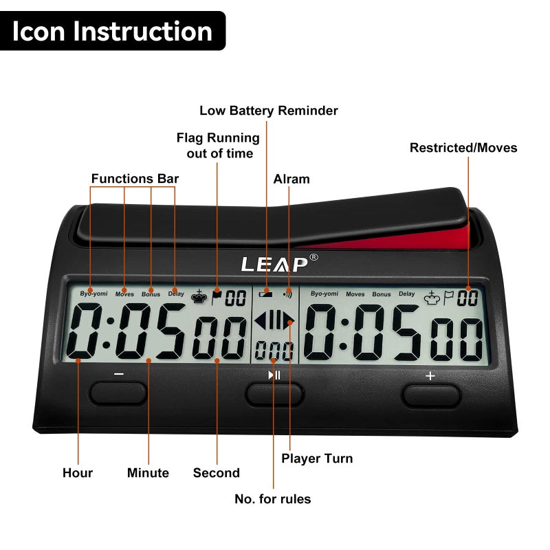 LEAP Chess Clock Advanced Digital Chess Timer with 7 Type 38 Timing Set Modes Including Single or Multi Period Countdown Restricted Moves or Time Function - Image 3