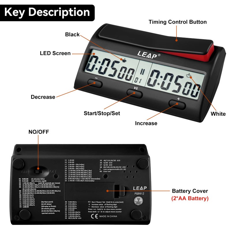 LEAP Chess Clock Advanced Digital Chess Timer with 7 Type 38 Timing Set Modes Including Single or Multi Period Countdown Restricted Moves or Time Function - Image 5
