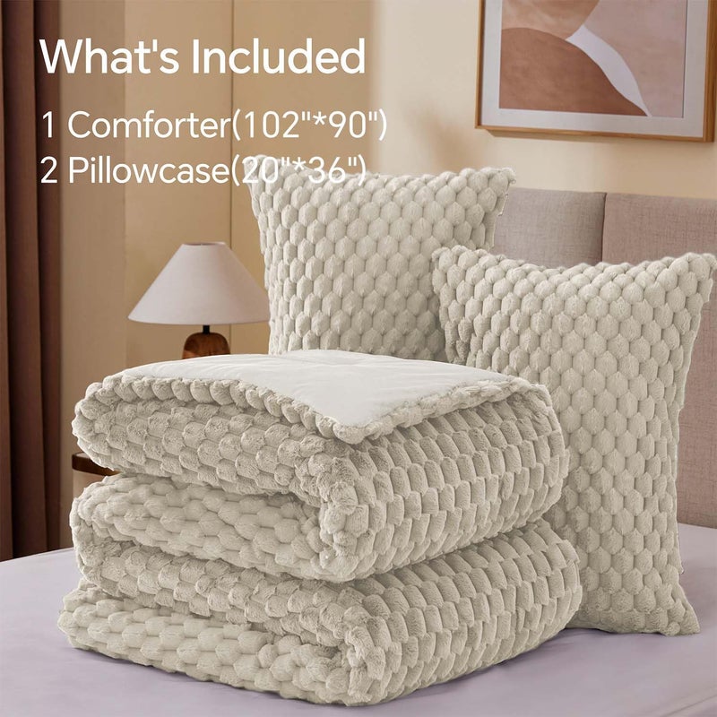BEDELITE Fluffy King Size Comforter Set - Linen Fleece Soft Comforter for King Size Bed, Luxury Warm Bedding Set for Winter, Fuzzy Bed Set 3 Pieces (1 Comforter, 2 Pillowcases) - Image 4