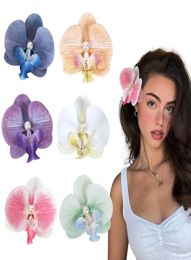 CHIROGRAPHY 6 PCS Orchid Flower Hair Clips with Pearl for Women and Girls | Artificial Silk Floral Hair Accessories | Hawaiian Style Hairpins for Party, Beach, Wedding (Multicolor) - Image 1