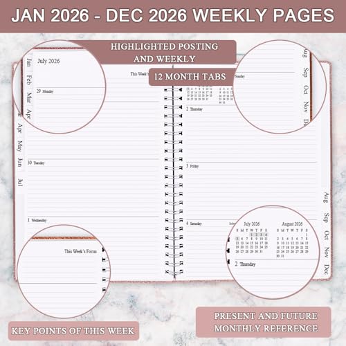 Nokingo Planner 2026 - Weekly & Monthly Planner Runs from January 2026 to December 2026, 8.5 x 11", 12 Month Tabs, Inner Pocket, PU Leather Cover with Twin-Wire Binding, Monthly Planners 2026, Rose - Image 3