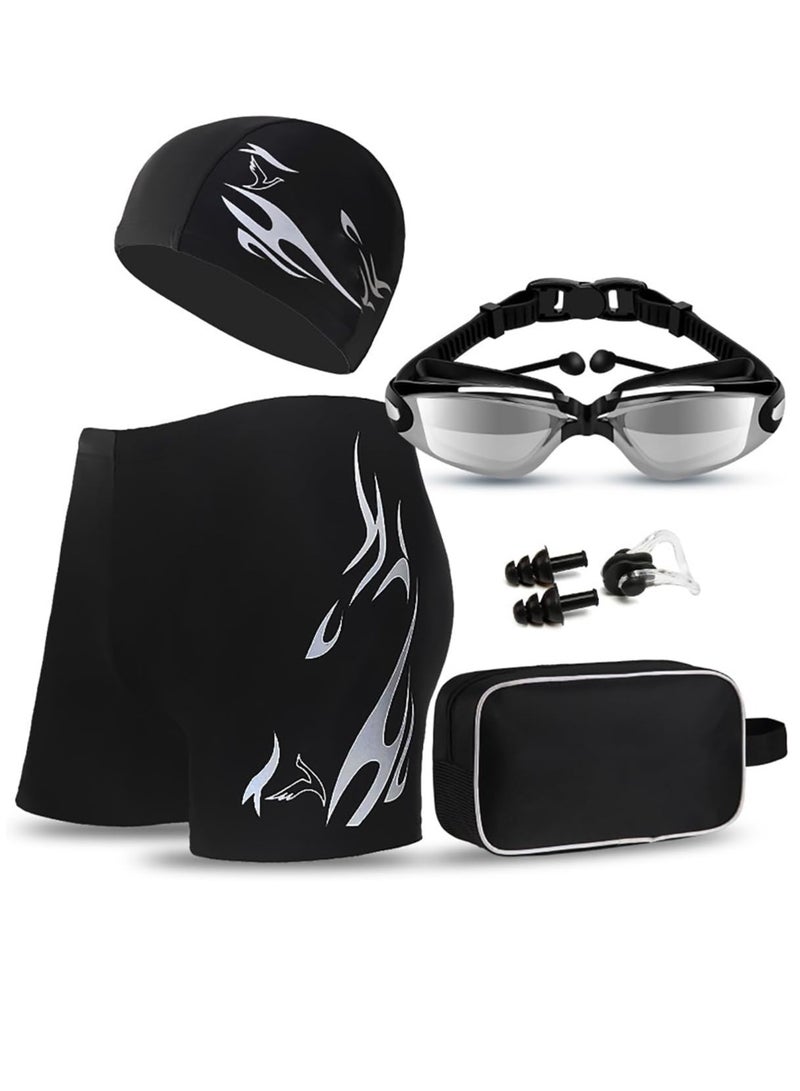 Generic Adult Swimwear Set Men's Swimwear Set Swimming Trunks Swim Goggles Swim Cap Ear Plugs Nose Clip Swim Bag Swim Pool Beach Essentials for Summer Fun (Silver) - Image 1
